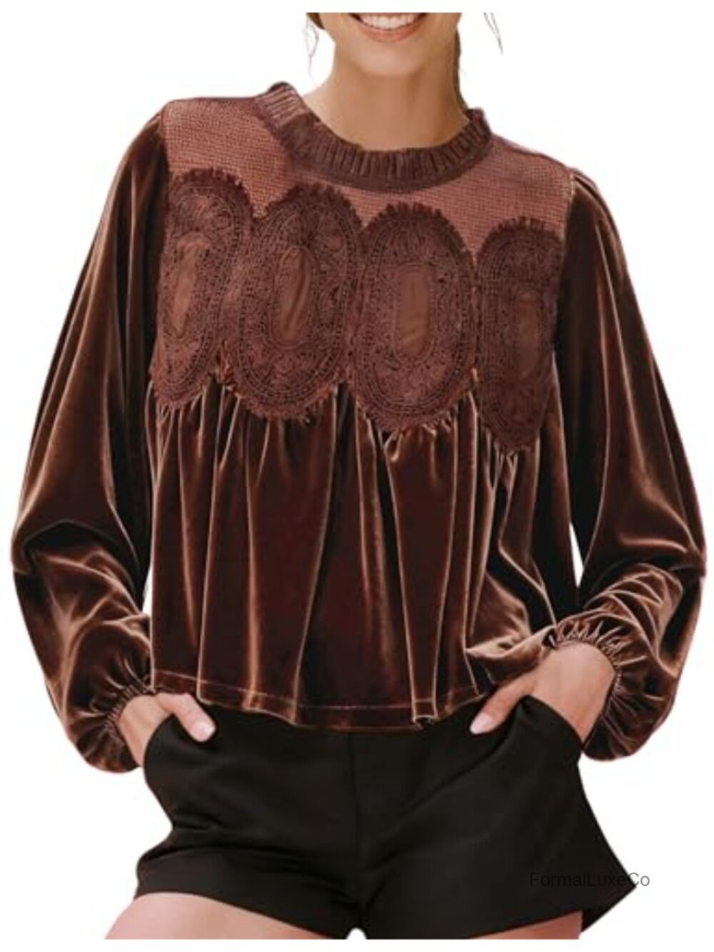 Long Sleeve Velvet Trim Lace Blouse